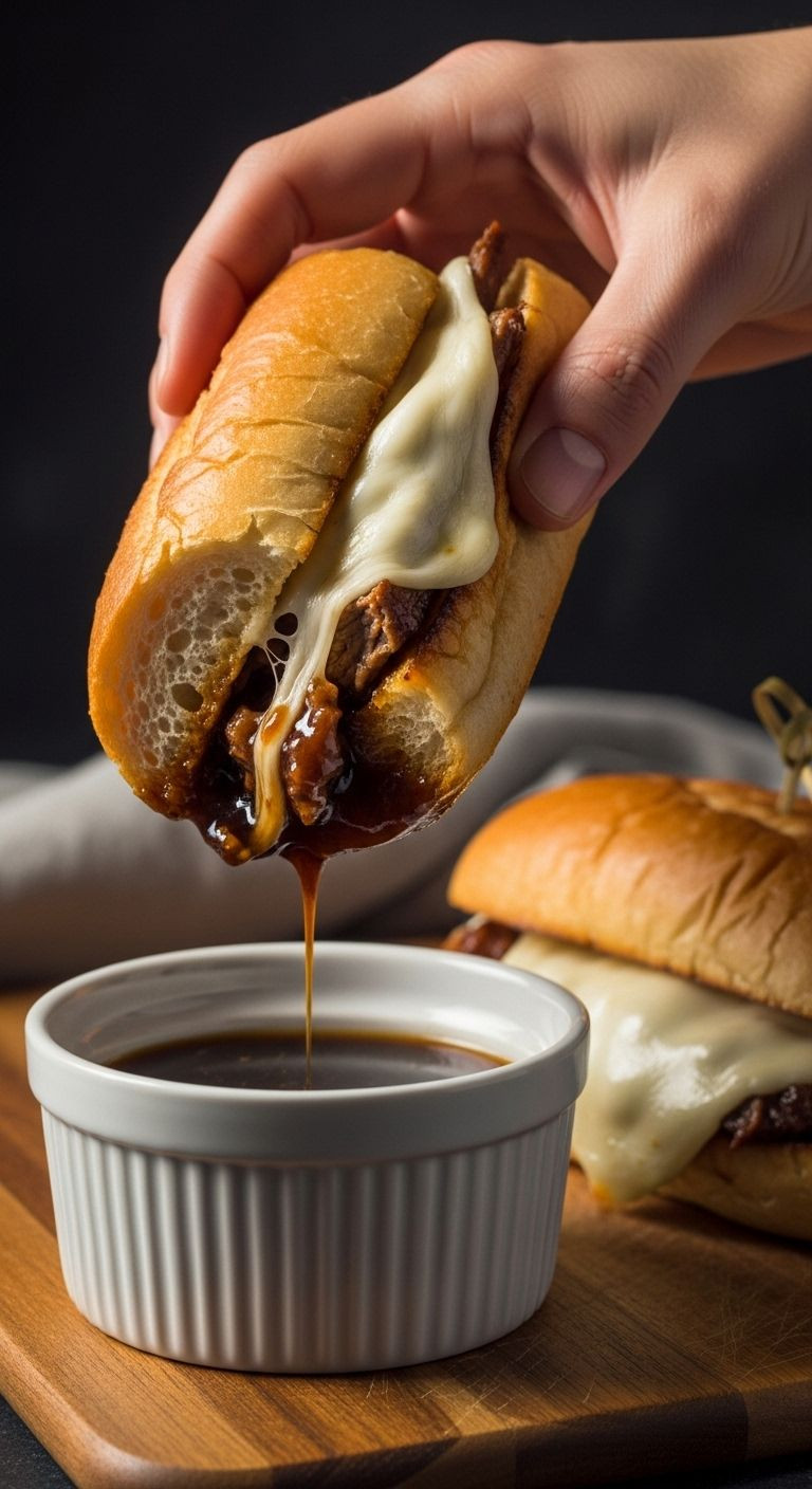 A hand dips a French Dip sandwich with melted cheese into a ramekin of au jus.