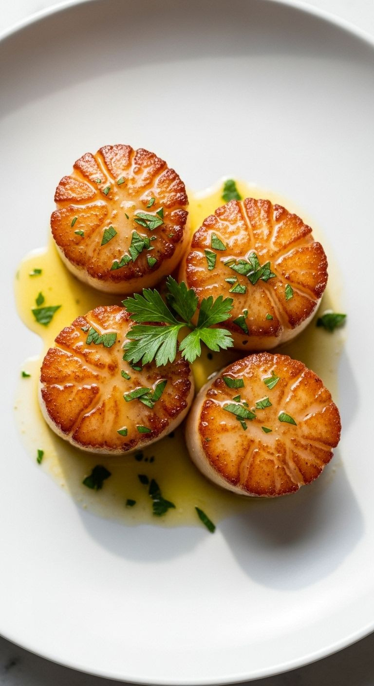 Three perfectly seared scallops with brown butter and parsley, artfully arranged on a white plate.