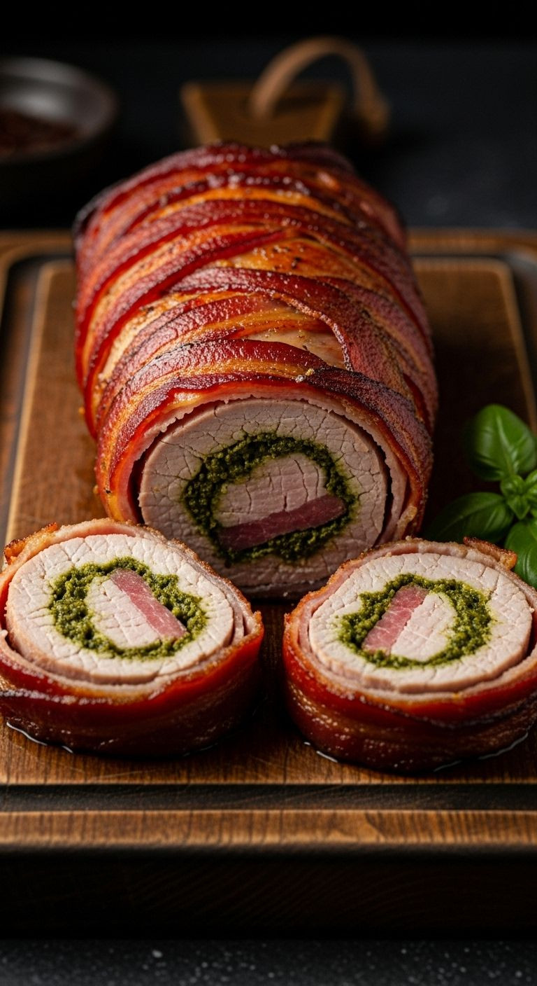 Slices of perfectly roasted bacon-wrapped pork tenderloin with pesto swirl on a rustic cutting board.