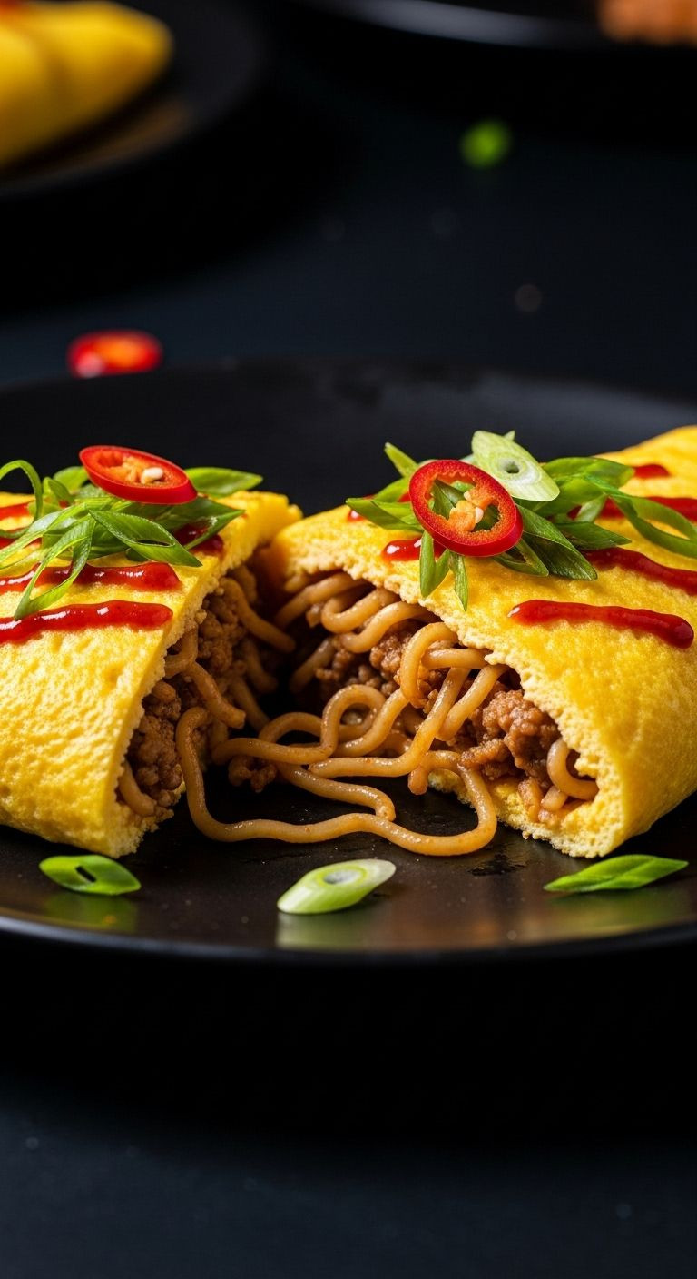 A perfectly folded omelette cut in half, revealing savory noodles and pork filling, garnished with scallions and sriracha.