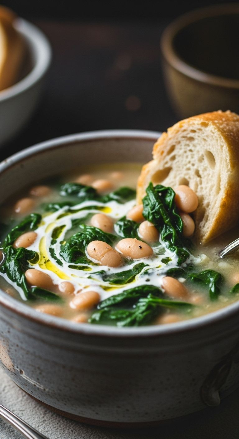 A close-up of creamy white bean and greens soup in a rustic bowl with a bread slice dipped in.