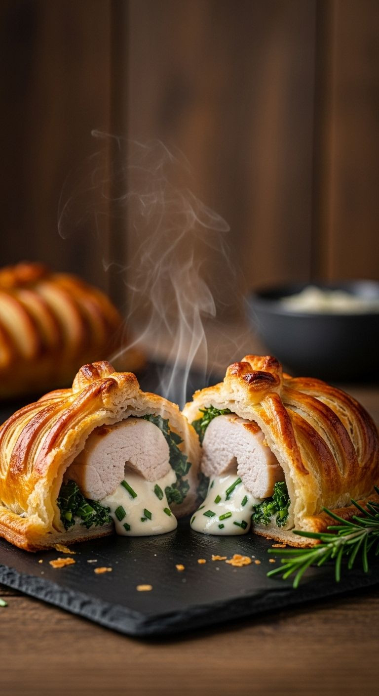 A golden-brown chicken in puff pastry parcel, sliced to reveal creamy filling, on a dark slate board.