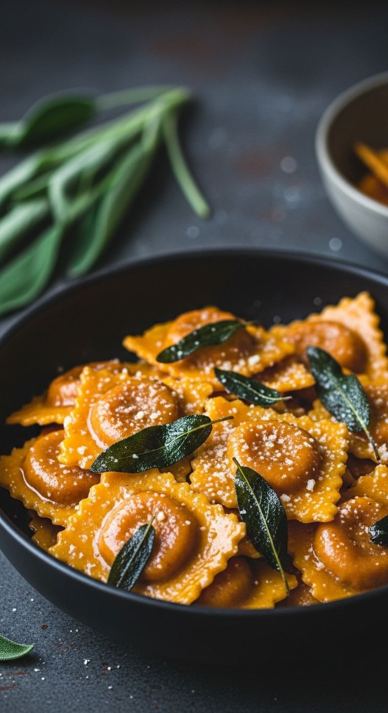 Sweet potato ravioli in brown butter sauce with crispy sage and parmesan in a dark ceramic bowl.