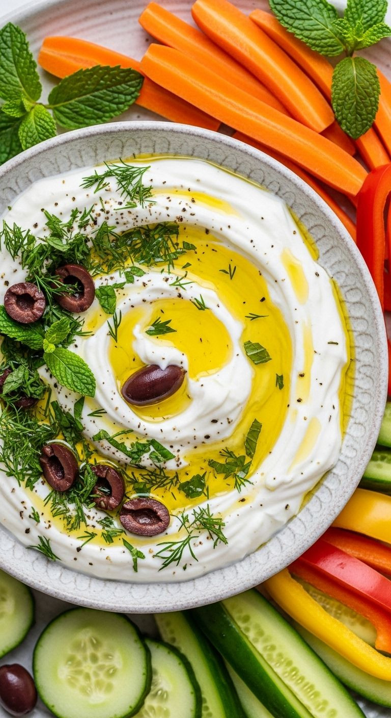 Top-down shot of a Greek yogurt dip with herbs, olive oil, and olives, surrounded by sliced vegetables.