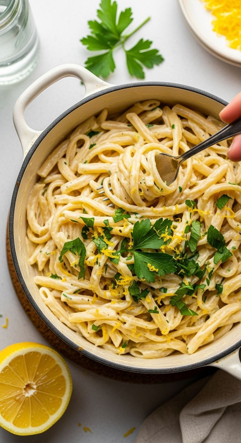 Top-down shot of creamy lemon pasta in a rustic pot with a fork, garnished with parsley and lemon zest.