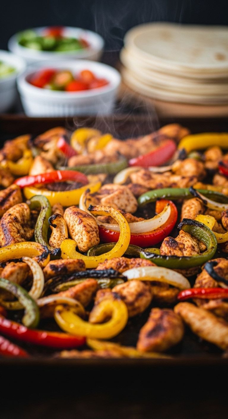A sizzling sheet pan filled with colorful, charred chicken fajita mix, with tortillas and toppings in the background.