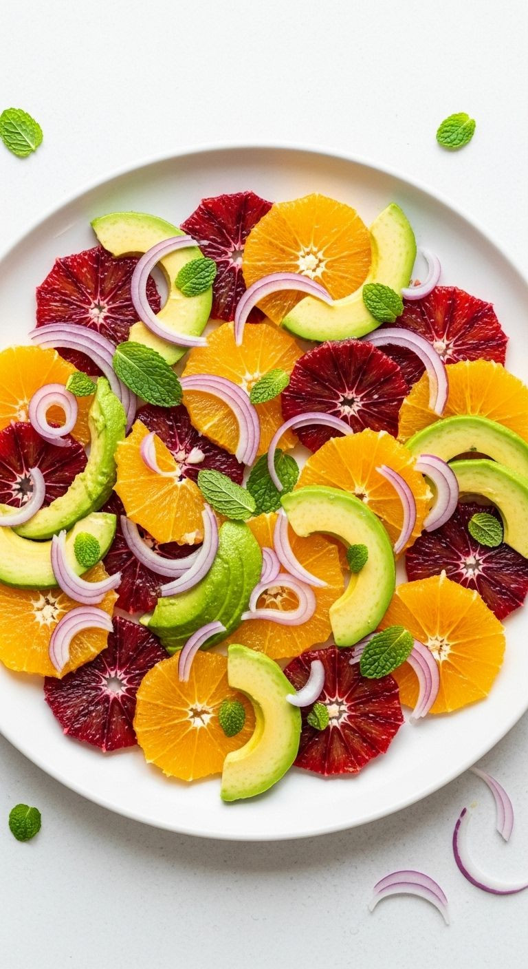A top-down flat lay of a stunning citrus salad with blood oranges, avocado, red onion, and mint on a white platter.