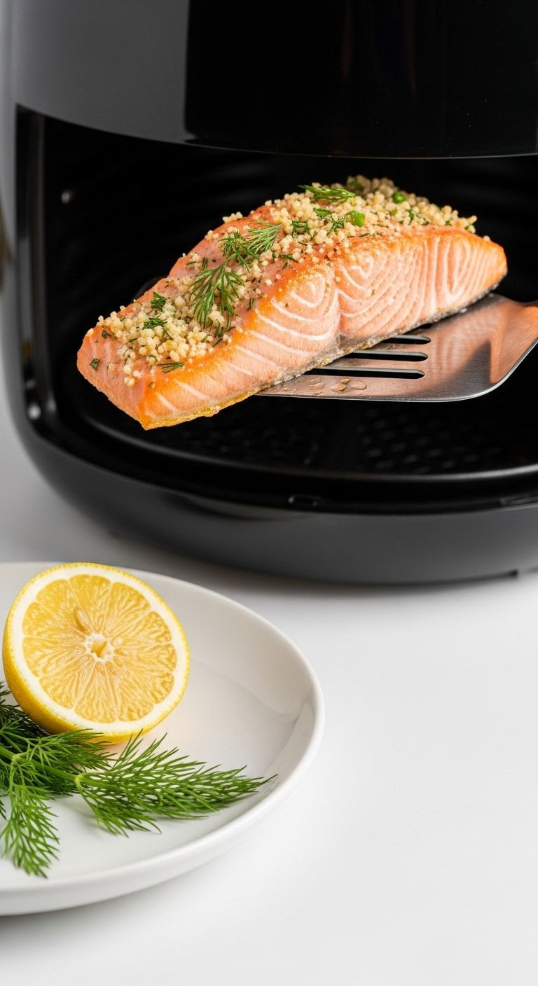A perfectly cooked salmon fillet is lifted from an air fryer basket, with lemon and dill on a plate.