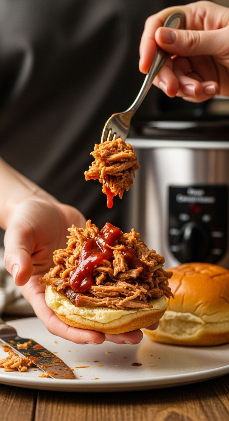 Hands assemble a BBQ pulled pork slider with saucy, shredded meat on a brioche bun.