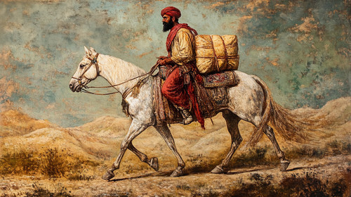 A man in traditional clothing rides a white horse carrying a large bundle across a desert landscape..jpg