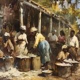 painting people cooking front building with woman yellow shirt