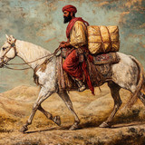 A man in traditional clothing rides a white horse carrying a large bundle across a desert landscape.