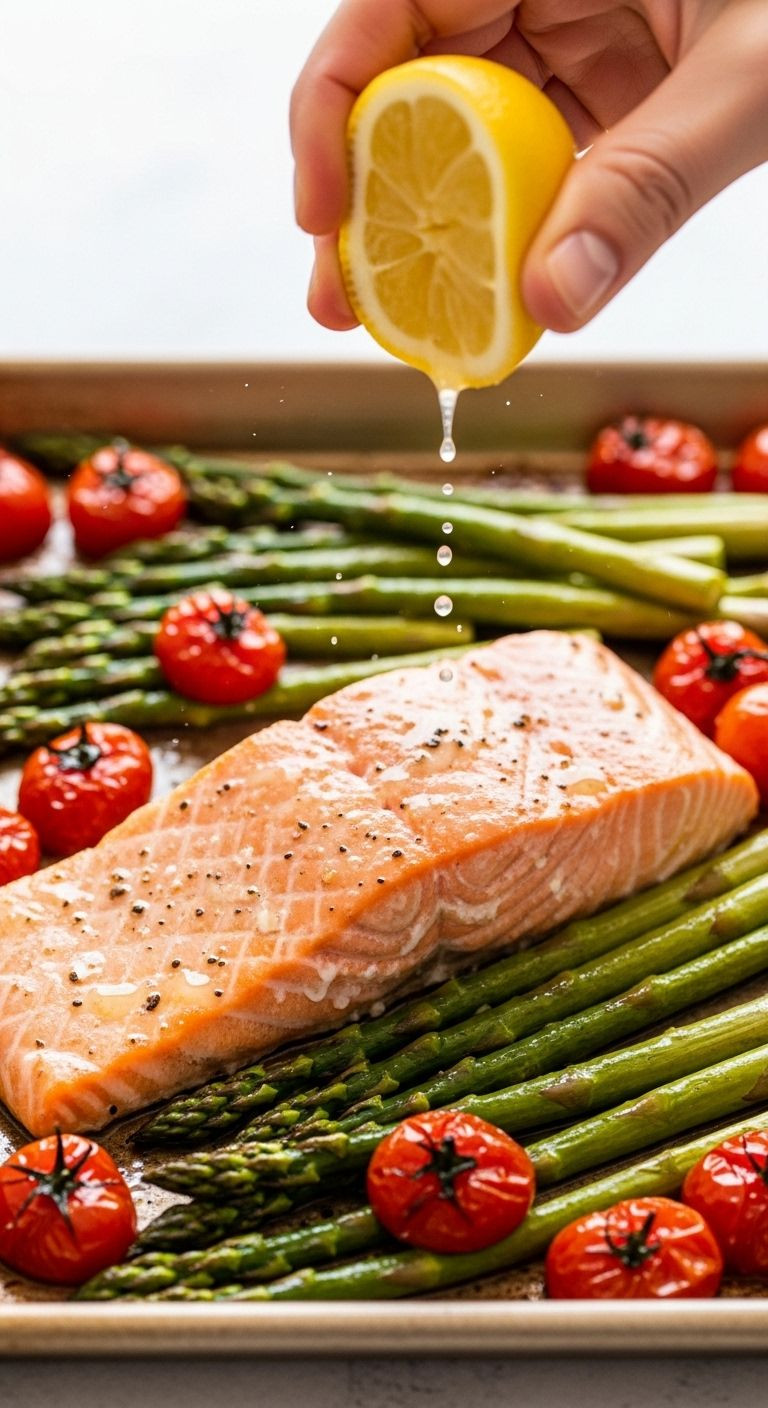 Sheet pan salmon with asparagus and cherry tomatoes being drizzled with fresh lemon juice in bright natural light