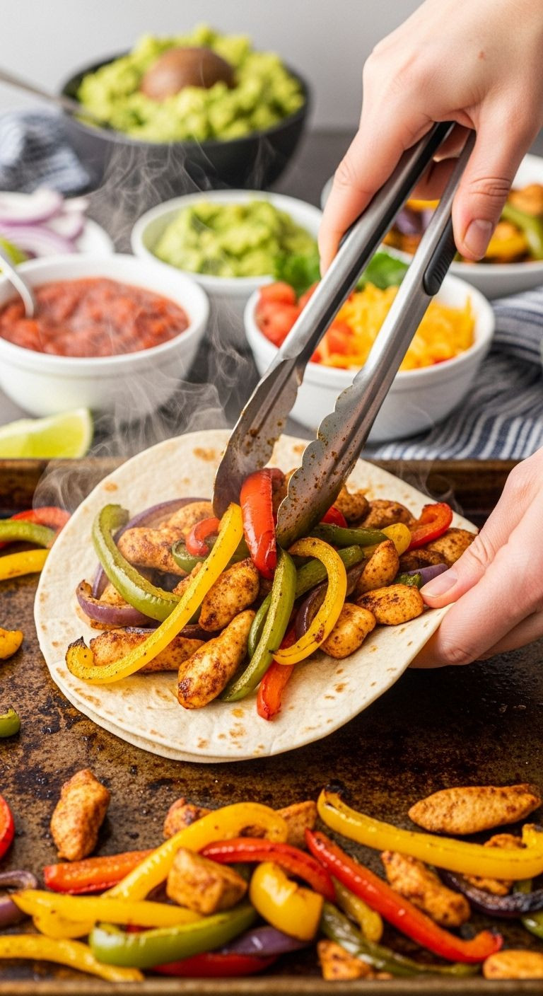 Sizzling sheet pan chicken and peppers being loaded into a tortilla with vibrant toppings in the background under festive lighting