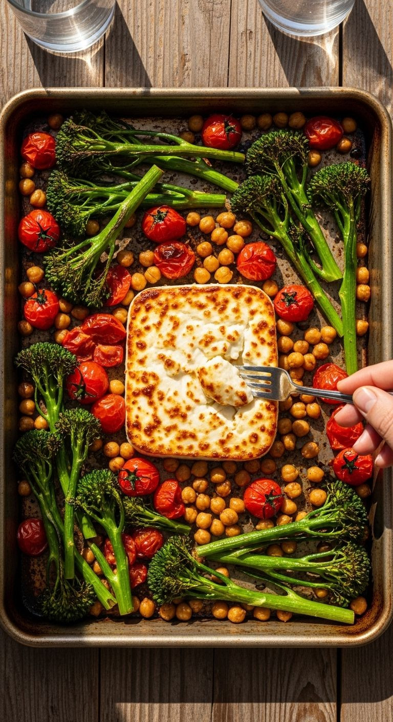 Baked feta with burst cherry tomatoes, roasted broccolini, and crispy chickpeas on a rustic sheet pan under Mediterranean sunlight