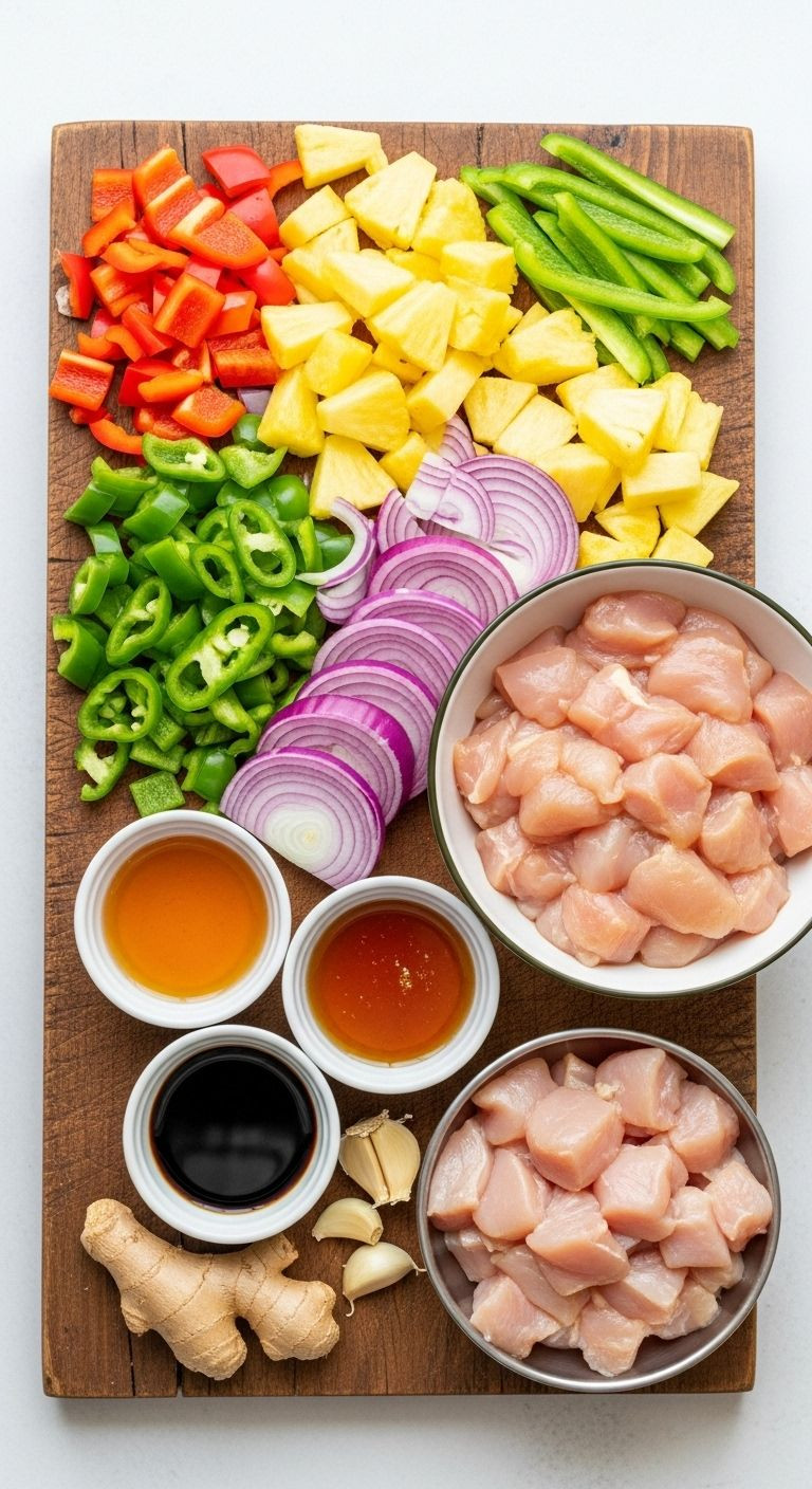 Easy Honey Glazed Hawaiian Chicken ingredients flat lay with colorful vegetables and sauces on a rustic board