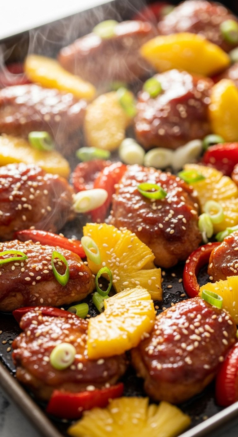 Close-up of caramelized honey glazed Hawaiian chicken with pineapple, garnished with green onions and sesame seeds.