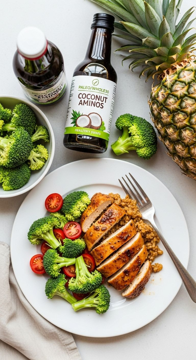 Overhead shot of Paleo Hawaiian chicken on a white plate with coconut aminos, broccoli, and pineapple for healthy meal prep.