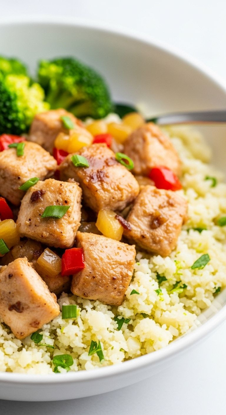 Close-up of Keto Hawaiian chicken served over cauliflower rice with broccoli in a white bowl for a healthy low-carb meal.