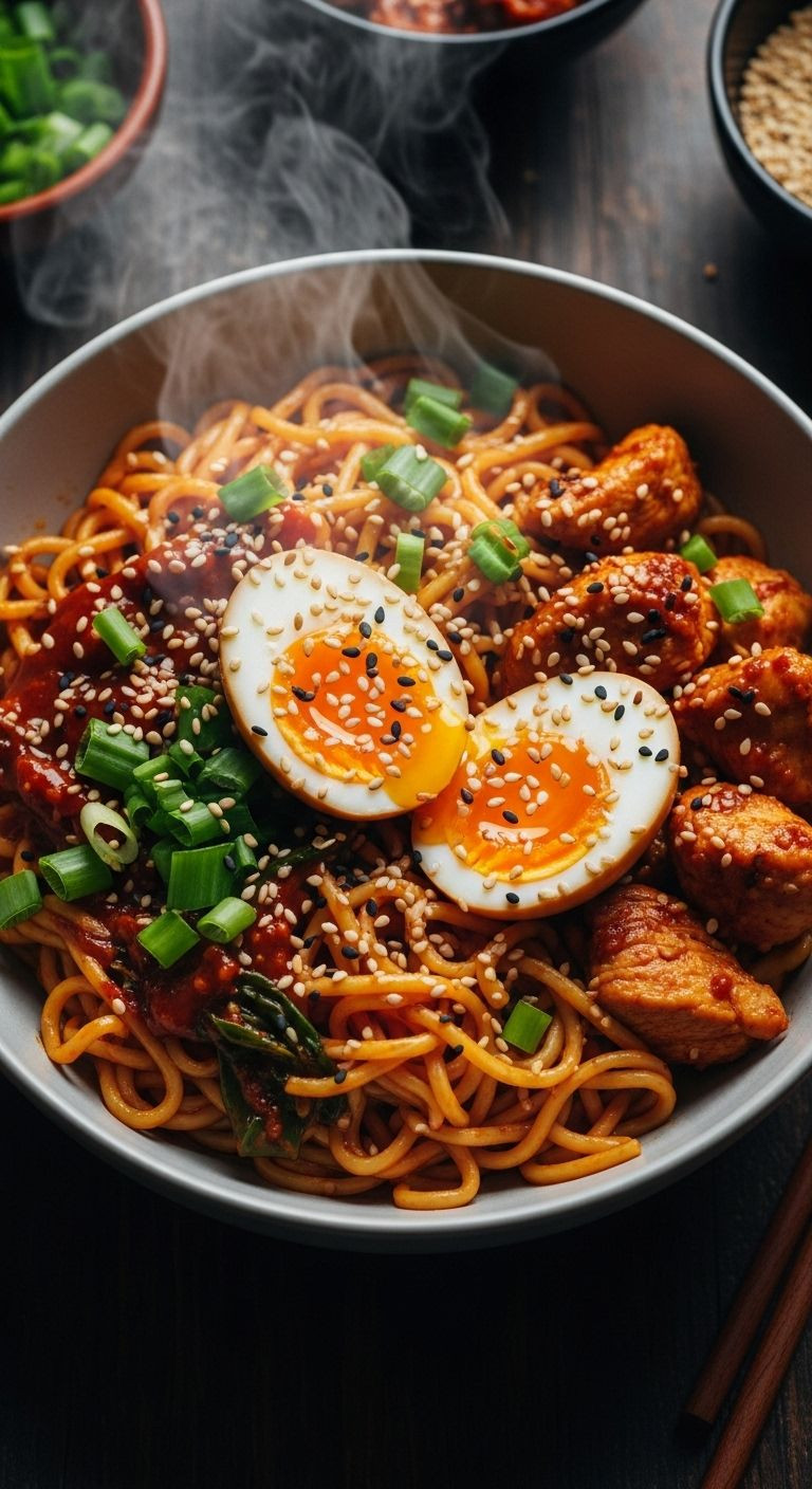 Fiery chicken ramen with creamy garlic sauce in a cozy, rustic bowl with soft-boiled egg and green onion garnish.
