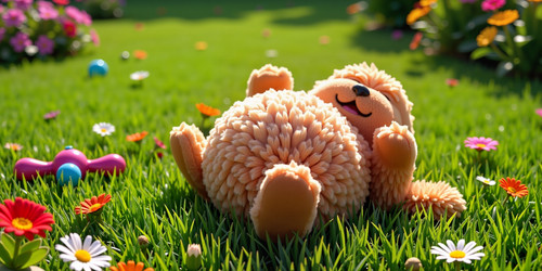 A sunny lawn scene featuring Big Belly Bob BBB a plush labradoodle with an absurdly large spherical .jpg