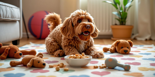 A heartwarming indoor scene featuring Big Belly Bob BBB a plush labradoodle with an absurdly large s.jpg