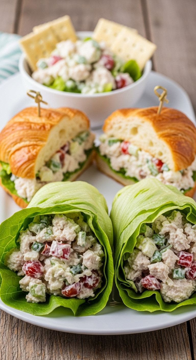 Platter with lettuce wraps, croissant sandwich, and chicken salad