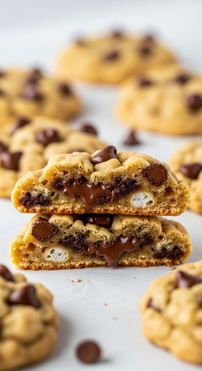 Close-up of a broken Rice Krispie chocolate chip cookie showing gooey chocolate and chewy texture.