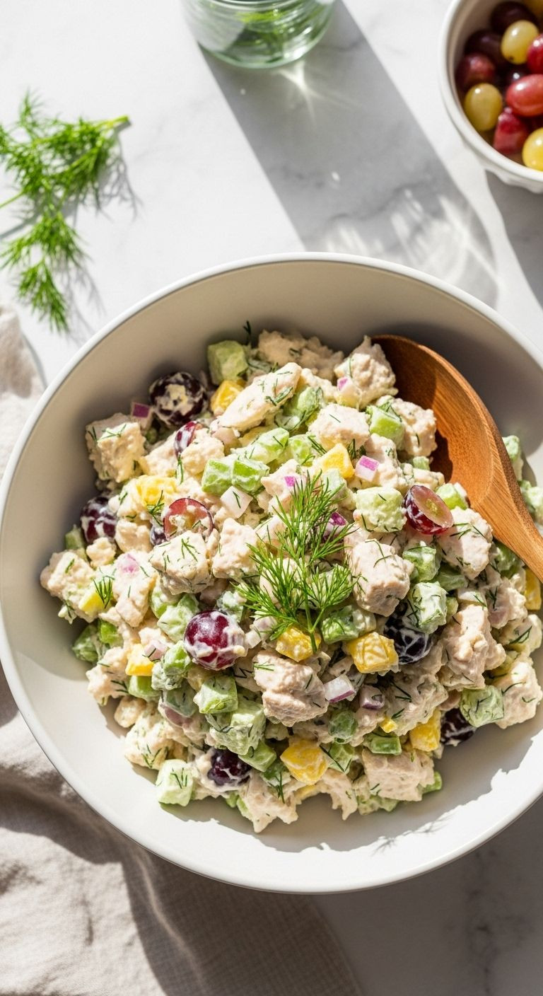 Creamy chicken salad with fresh dill garnish