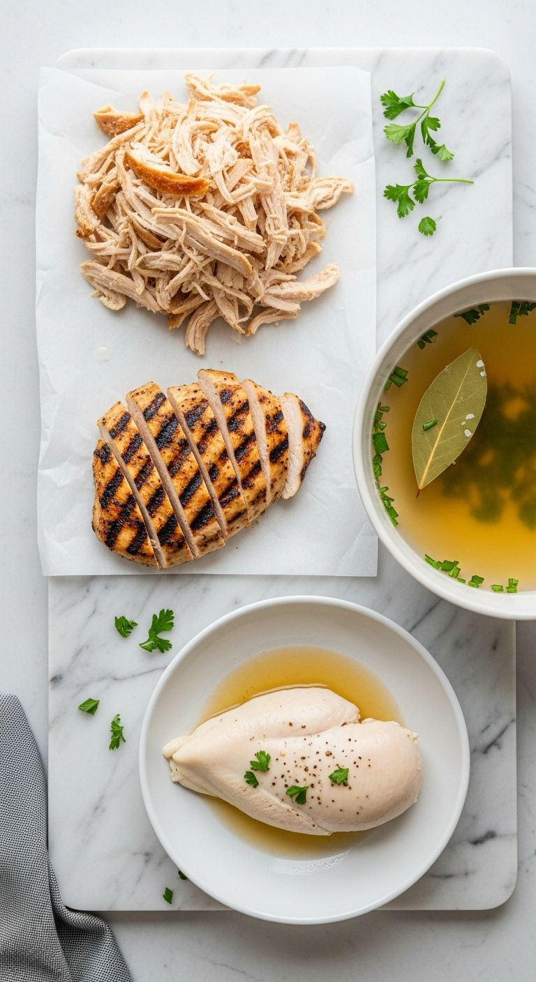 Three types of chicken prep: shredded, grilled, and poached with broth