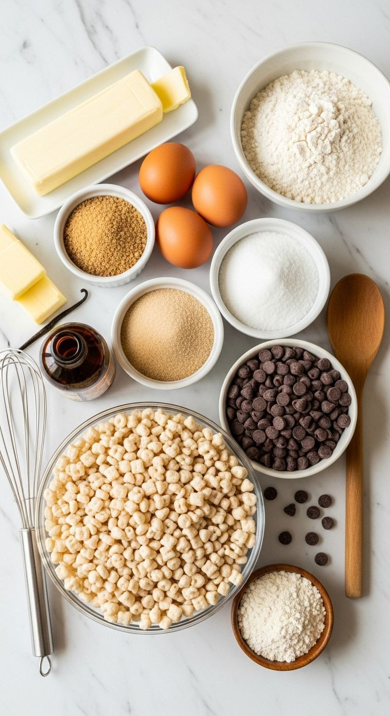 Cookie ingredients: butter, sugar, eggs, vanilla, flour, Rice Krispies, chocolate chips