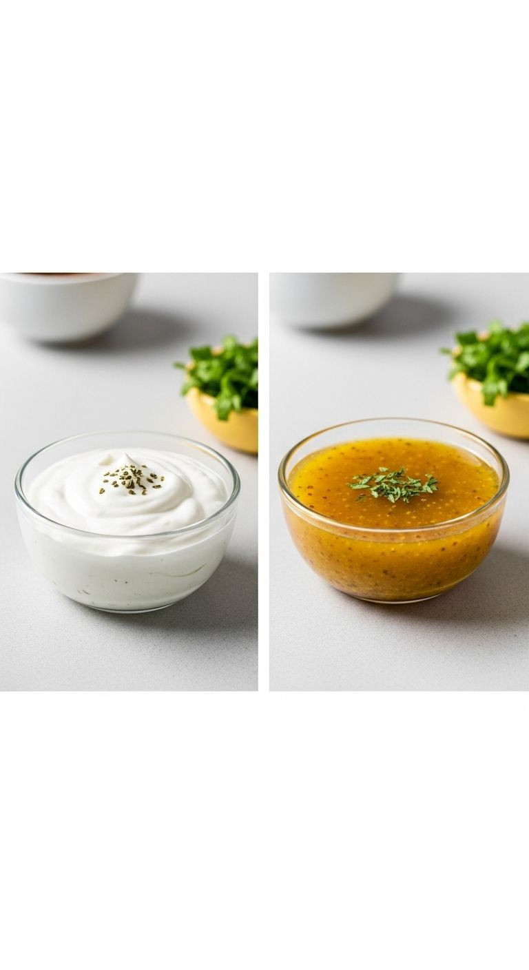 Side-by-side comparison of Greek yogurt dressing and honey mustard dressing