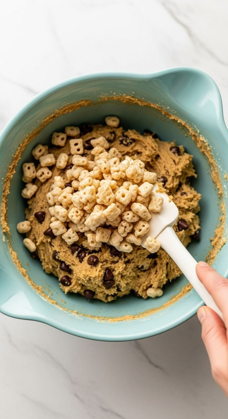 Mixing cookie dough with Rice Krispies and chocolate chips