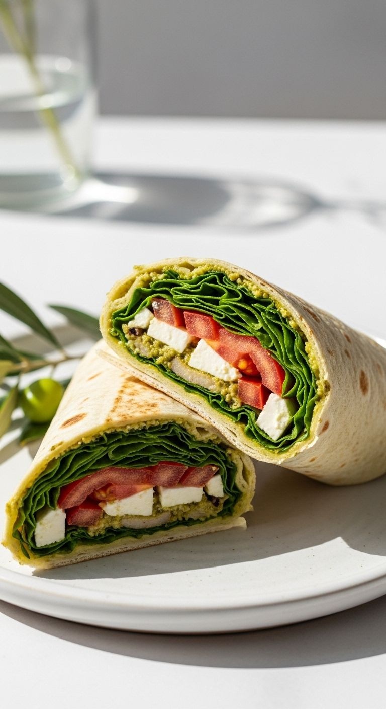 Mediterranean wrap sliced diagonally with pesto, tomatoes, and feta on ceramic plate with olive branch