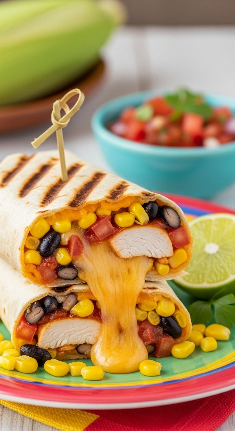 Grilled Mexican chicken wrap halves with melted cheese on colorful plate with salsa and lime wedge