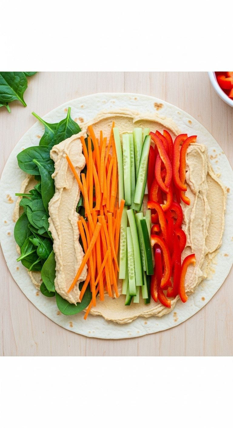Hummus veggie wrap assembly with colorful julienned vegetables on wooden surface