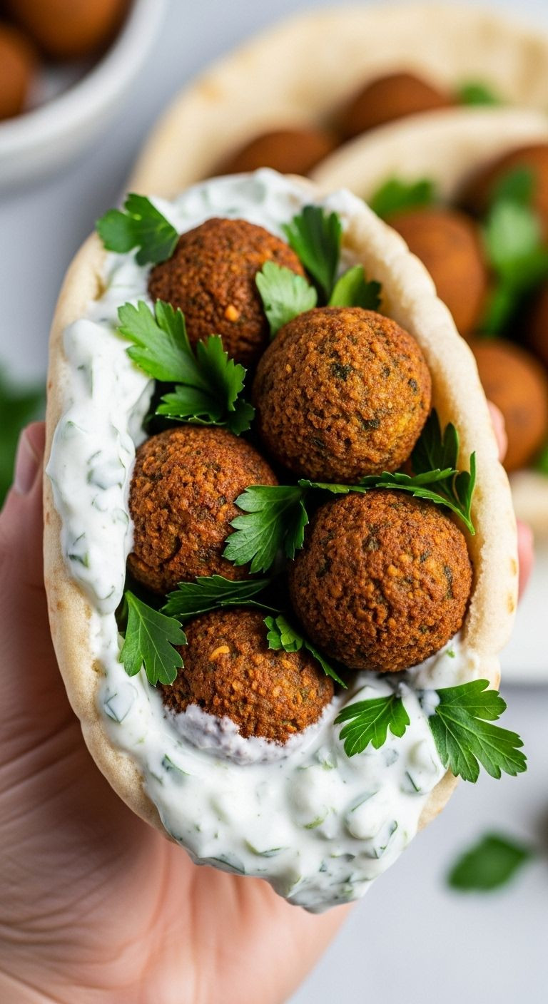 Falafel pita stuffed with fresh parsley and tzatziki held in hand with warm lighting