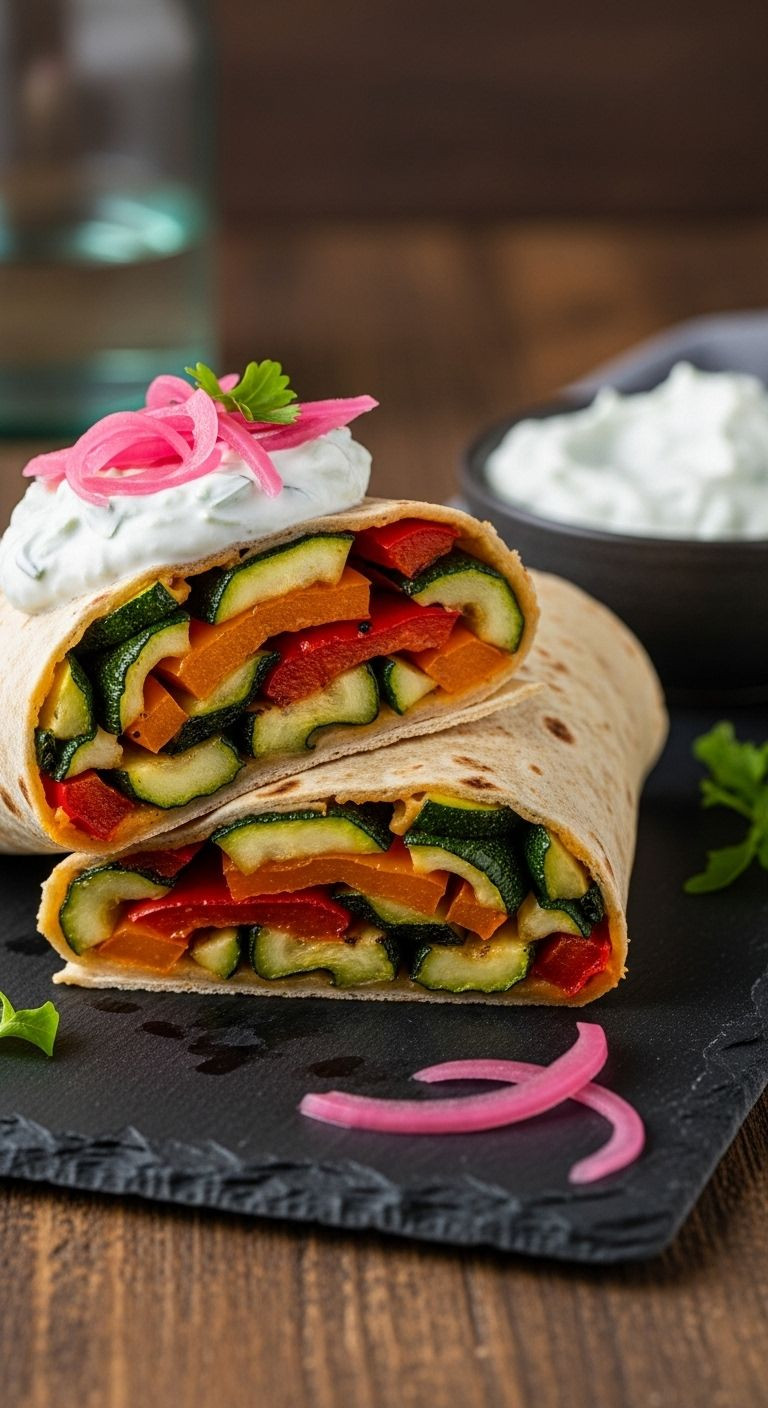 Roasted vegetable wrap with charred zucchini, bell peppers, pickled onions, and tzatziki on slate board
