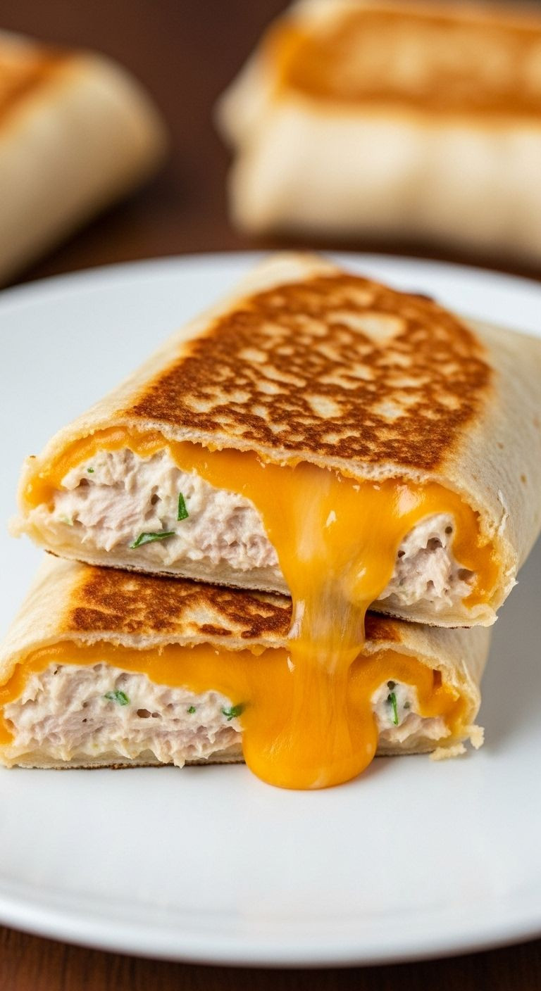 Pan-seared tuna melt wrap halves with melted cheddar cheese on white plate