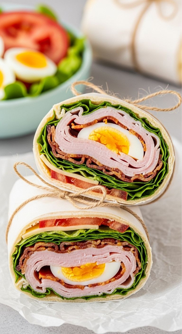 Turkey club wrap sliced with layers of turkey, bacon, lettuce, egg, and cheese wrapped in parchment paper