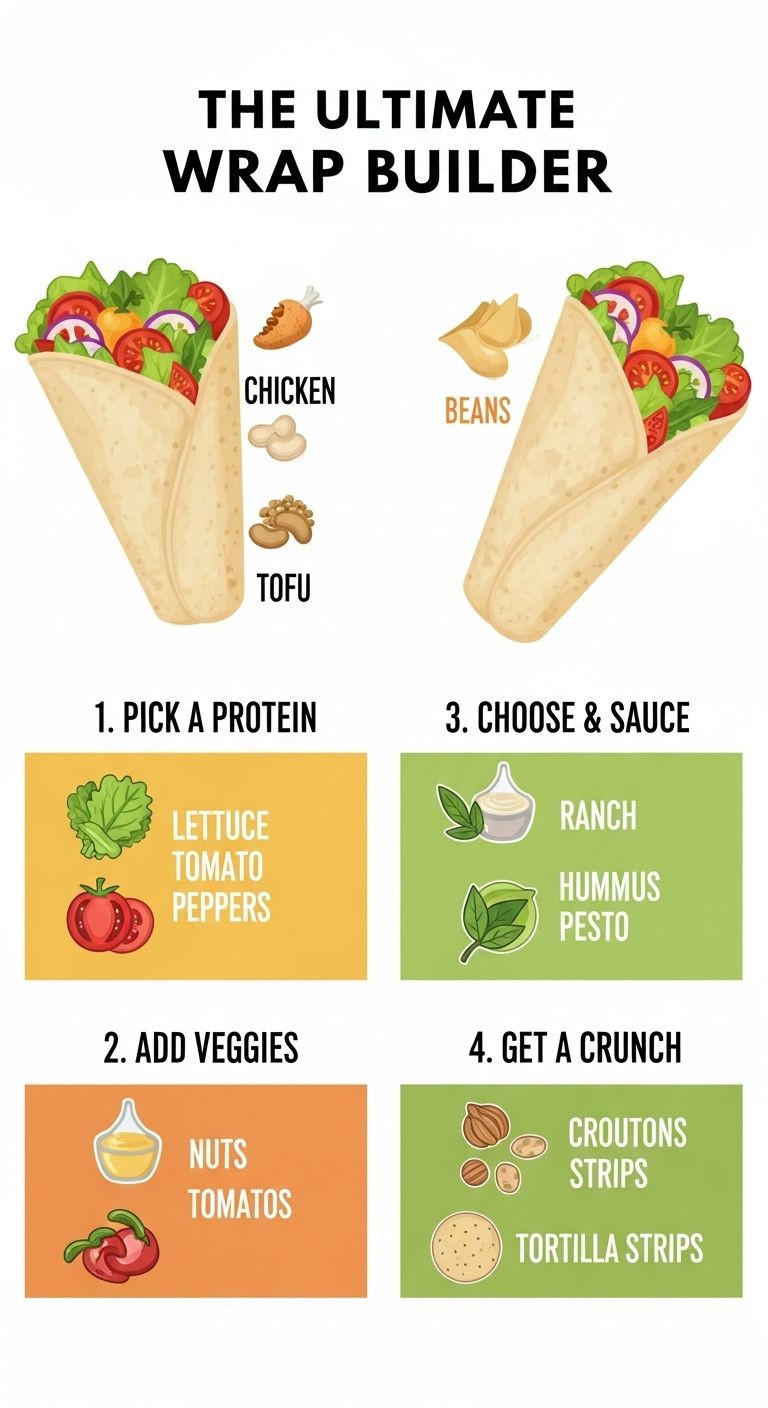 Infographic titled The Ultimate Wrap Builder with colorful icons for protein, veggies, sauces, and crunch options