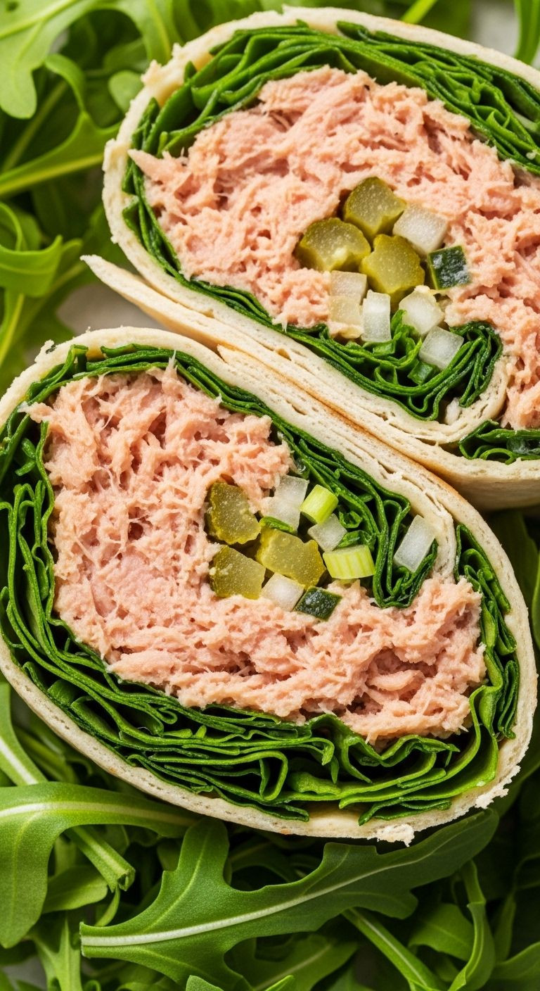 Spicy tuna wrap sliced diagonally with arugula, gherkins, and spring onions