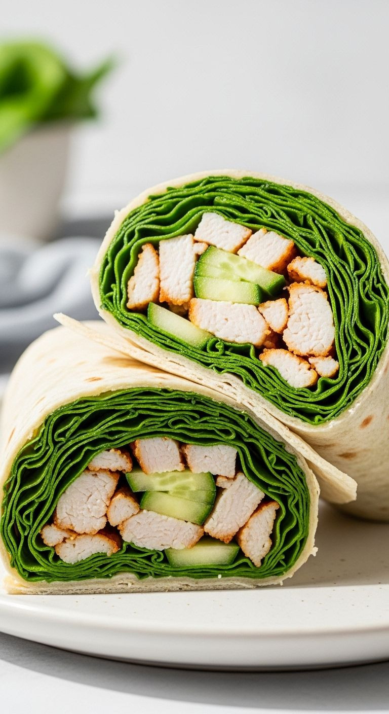 Chicken salad wrap halves with spinach and cucumber on light plate