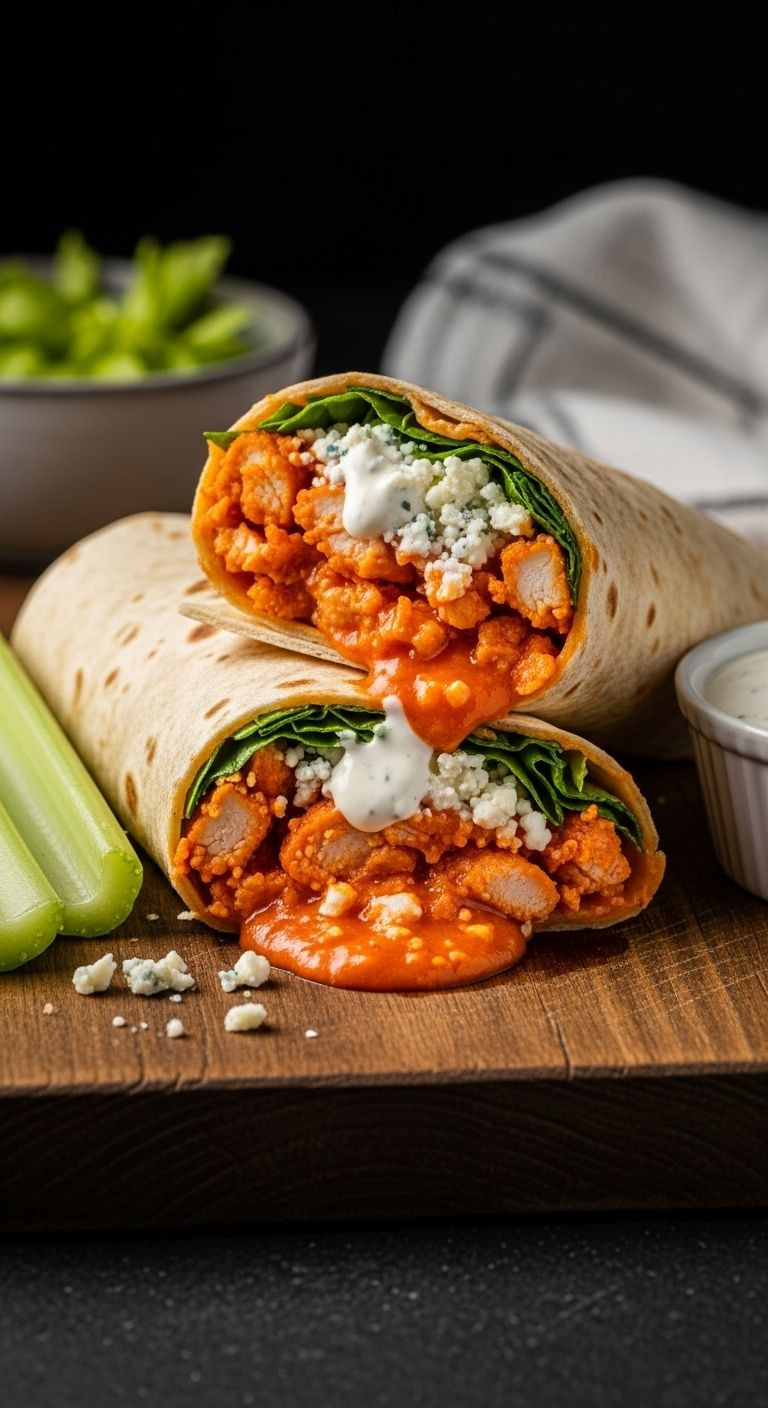 Buffalo chicken wrap halves with vibrant orange sauce on rustic wooden board with celery and ranch dressing