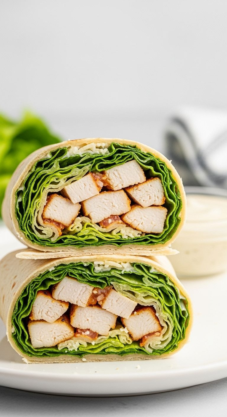 Chicken Caesar wrap halves showing grilled chicken, romaine, and parmesan on white plate