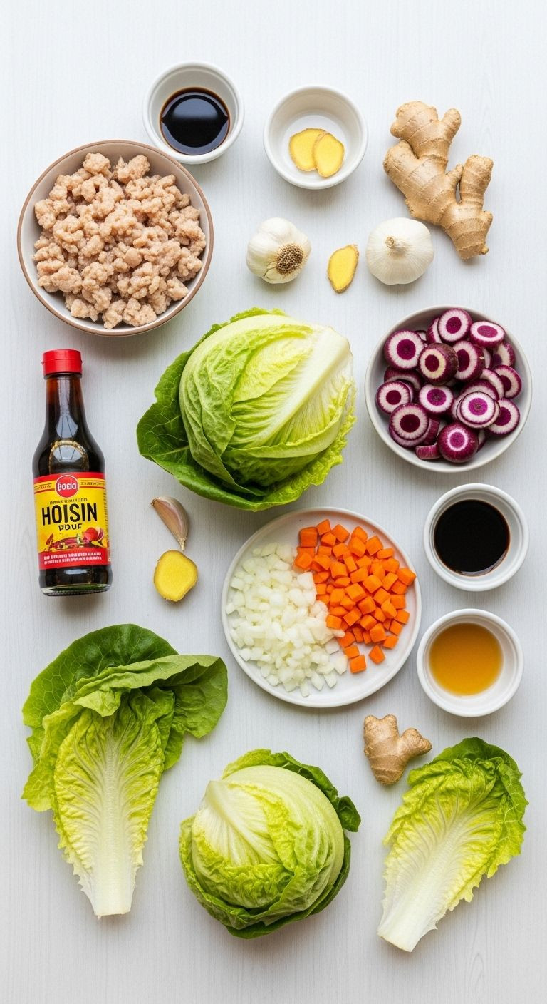 Ingredients for Asian lettuce wraps including ground chicken, lettuce, carrots, onions, water chestnuts, hoisin, and soy sauce arranged in flat lay