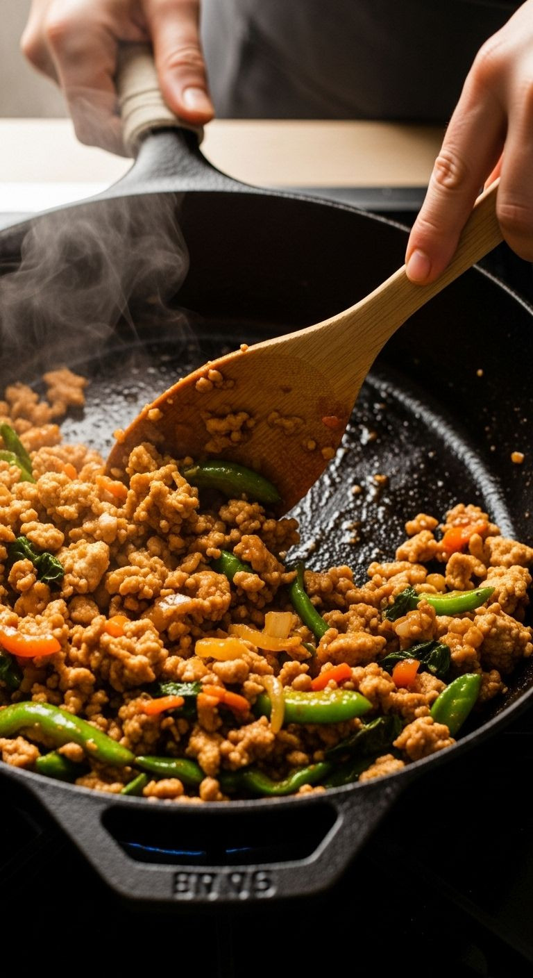 Stir-frying ground chicken and vegetables in a cast-iron skillet for Asian lettuce wraps