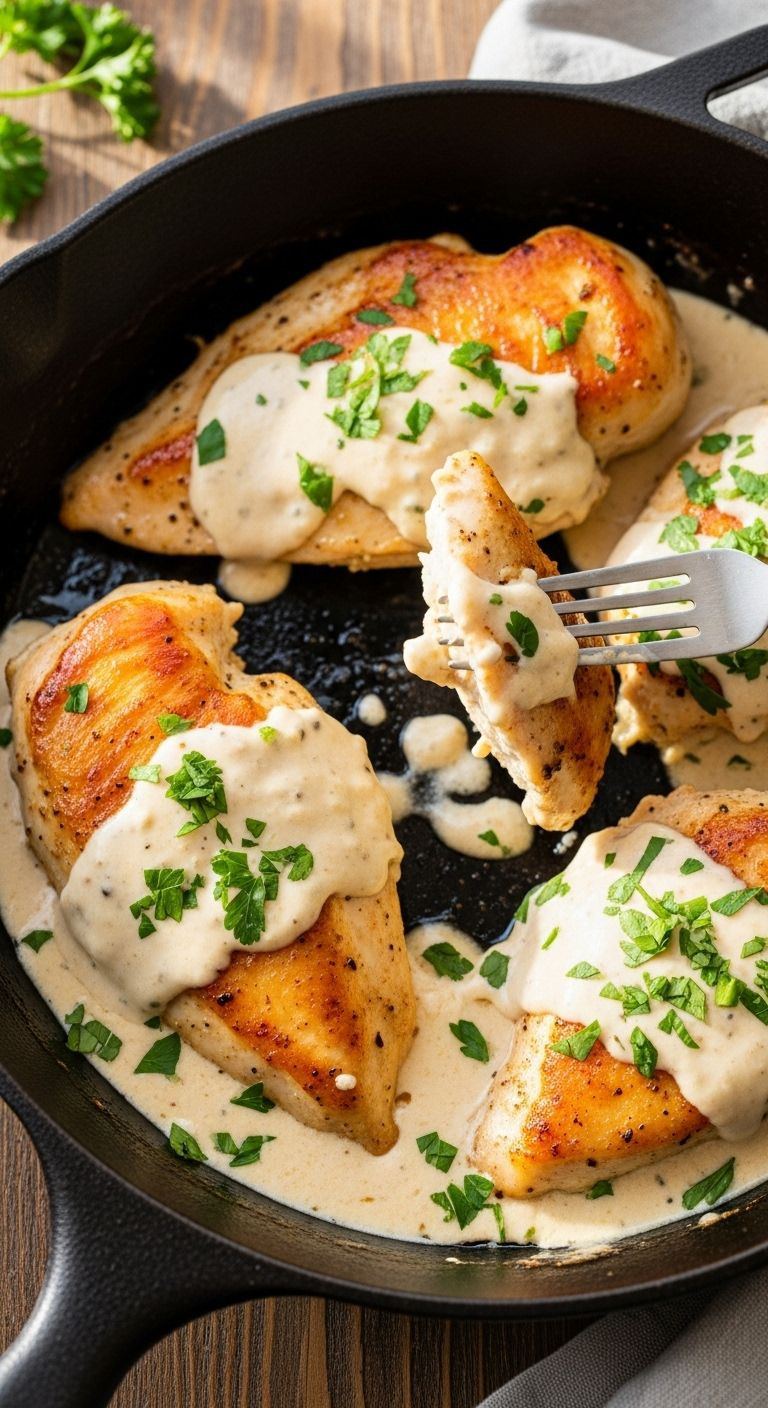 Creamy garlic parmesan chicken in cast-iron skillet with fork lifting juicy piece and parsley garnish