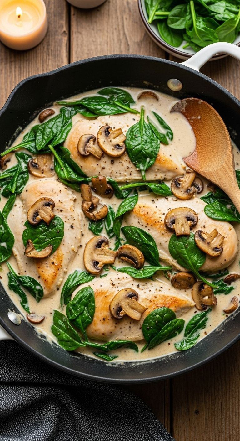 Skillet of creamy garlic parmesan chicken with spinach, mushrooms, and wooden spoon rustic top-down view
