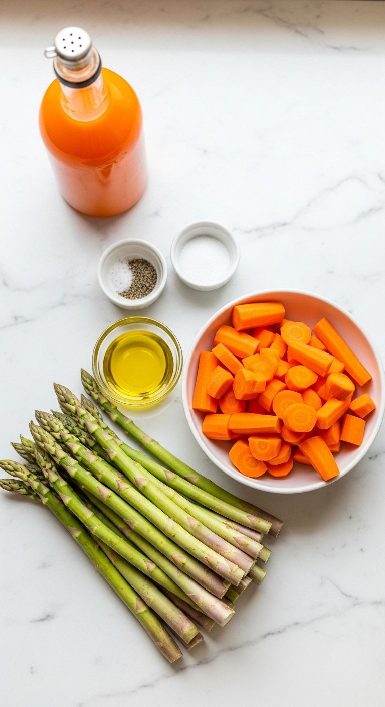 Fresh asparagus, chopped carrots, olive oil, salt, and pepper arranged on white marble countertop overhead view